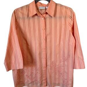 Alfred Dunner 20W Butterfly Embroidery Peachy Orange Button Up Blouse 3/4 Sleeve